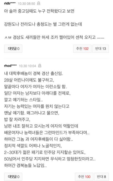 경북출신 男과 결혼하면 하루 65분 집안일 더 한단 기사의 댓글 | 인스티즈
